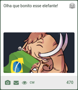 A caixa de edição do Mastodon com o texto 'Olha que bonito esse elefante!' e a imagem do mastodonte segurando a bandeira brasileira
