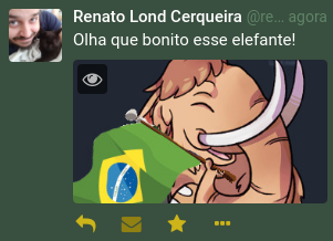 Uma imagem de um toot, com uma foto de um mastodonte segurando a bandeira brasileira e o texto diz 'Olha que bonito esse elefante!'