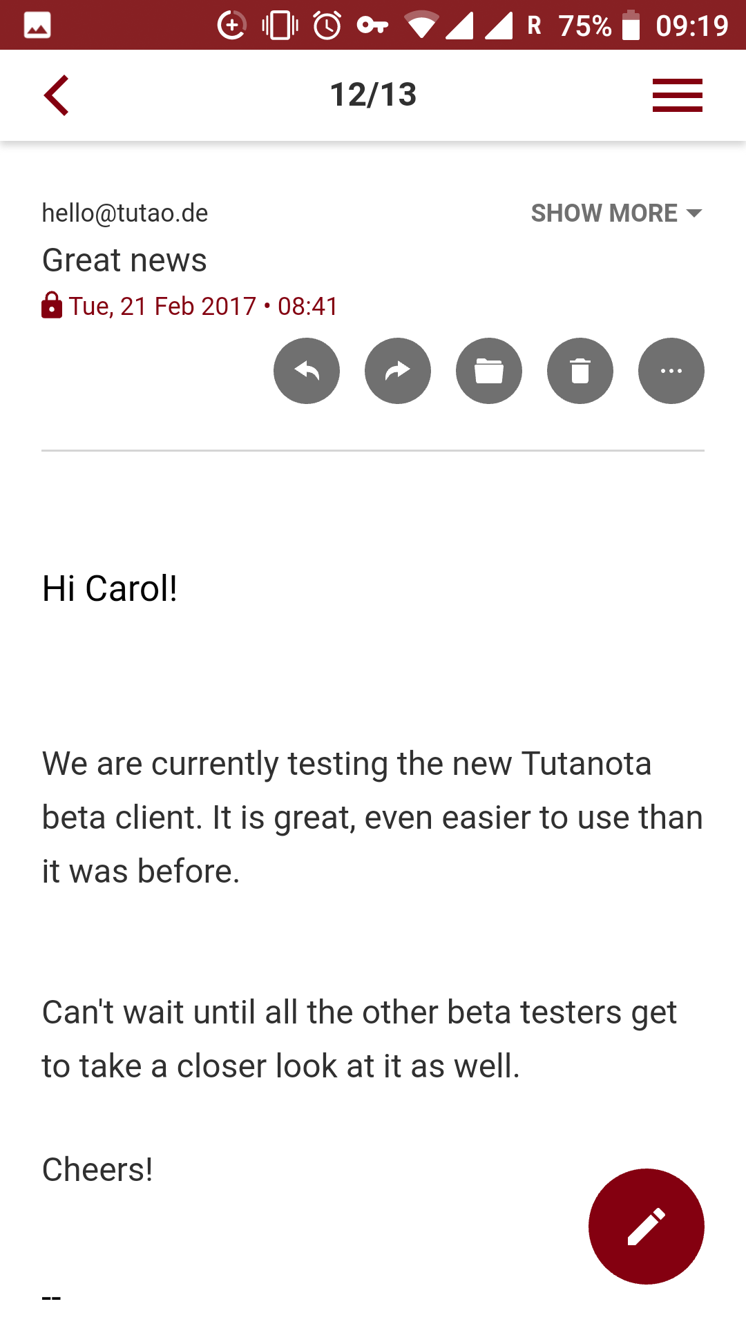 Captura de tela do app de Android do Tutanota